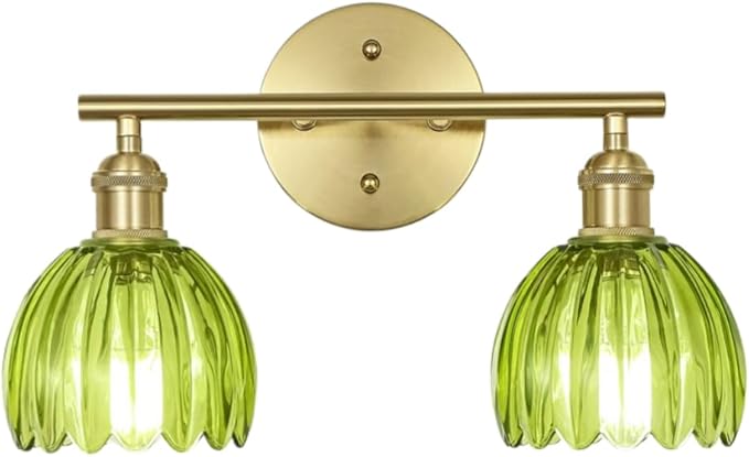 Vintage Bathroom Light Fixtures,2-Light Hardwired Vanity Lights with Green Tulip Glass Shade,Gold Bathroom Vanity Light for Mirror Restroom,E26 Socket,14.57 in(Bulbs Not Included)