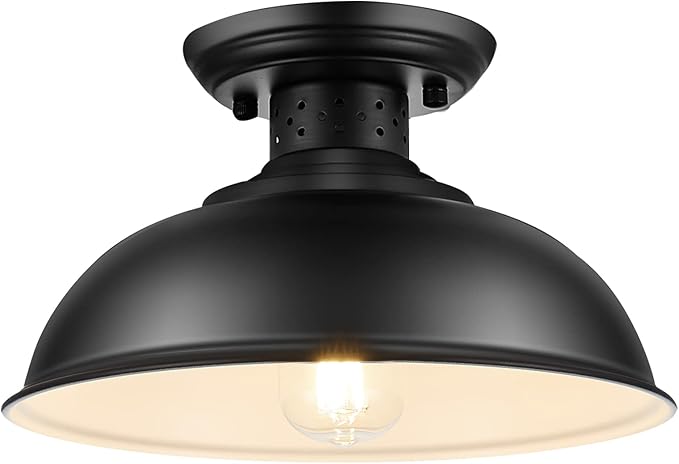 Semi Flush Mount Ceiling Light, Industrial Close to Ceiling Lighting Fixtures, Rustic Vintage Metal Black Ceiling Lamp for Kitchen Island Bedroom Hallway Farmhouse, 13in