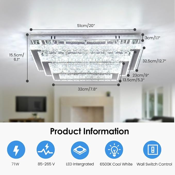 Finktonglan Modern Crystal LED Ceiling Light Fixture 20” Rectangular Flush Mount Chandelier Ceiling Lights 3-Tiers Stainless Steel Ceiling Lamp Fixtures for Living Room Dining Room(6500K Cool White)