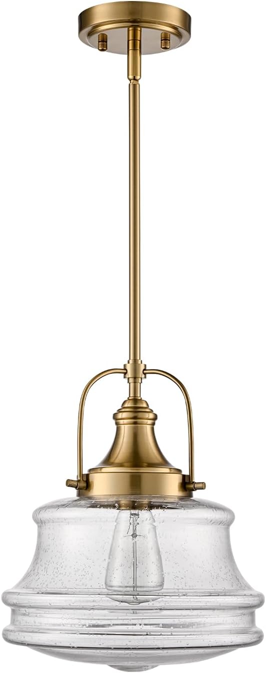 DEYNITE Modern Gold Kitchen Pendant Light Seeded Glass Shade-Rod Hanging Nautical Schoolhouse Dimmable Light for Dining Room Bathroom Hallway