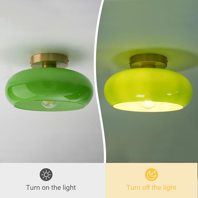 Green Ceiling Light - Mid Century Modern Flush Ceiling Light with Milk Glass Globe and Dark Green Lamp Shade in Brushed Brass for Dining Room