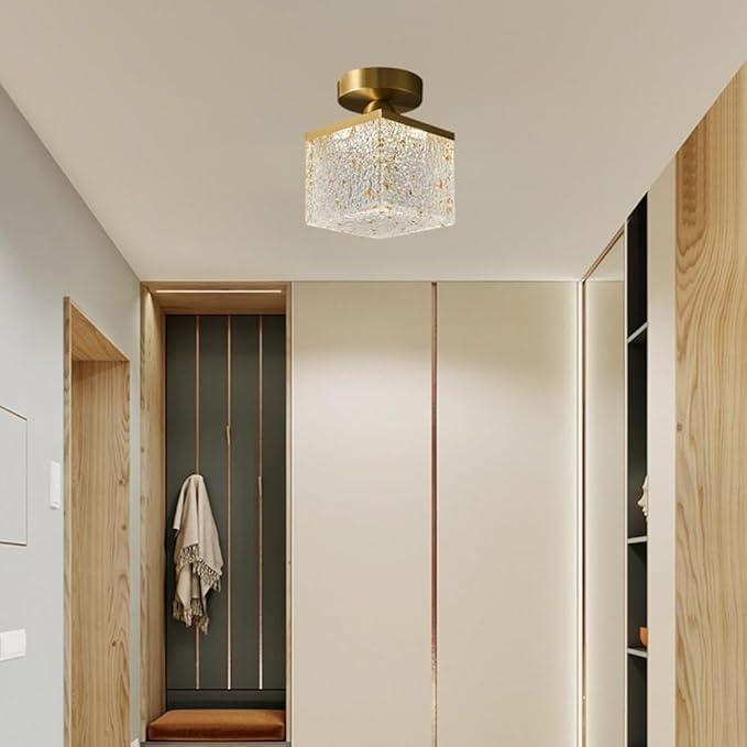 KISAD Nordic Bedroom Semi Flush Mount Ceiling Light Fixtures Modern Minimalist Hallway LED Close to Ceiling Lamp for Entryway Balcony(Gold Leaf,Square)