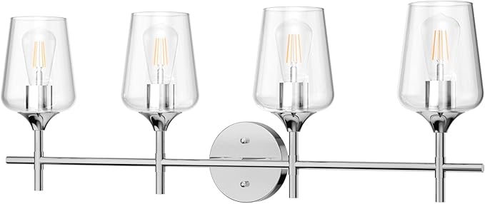 Ralbay Chrome Bathroom Vanity Light - 4 Light Industrial Farmhouse Style, Clear Glass, Over Mirror