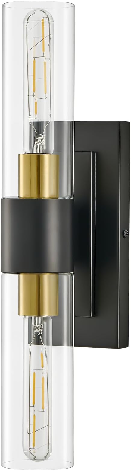19" Black and Gold Wall Sconce,Modern Bathroom Light Fixtures,2-Light Vanity Lights for Mirror,Indoor Wall Lamp Wall Mount Hardwired Light for Bedroom with Clear Glass,E26 Base,1 Pack
