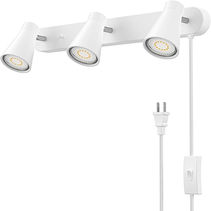 HURYEE Plug in Track Lighting, 3 Light Track Lighting Fixture, White Modern Ceiling Spotlight, Flexibly Rotatable Complete Light Kits for Kitchen Cabinet Living Room（Bulbs Not Included） (White)