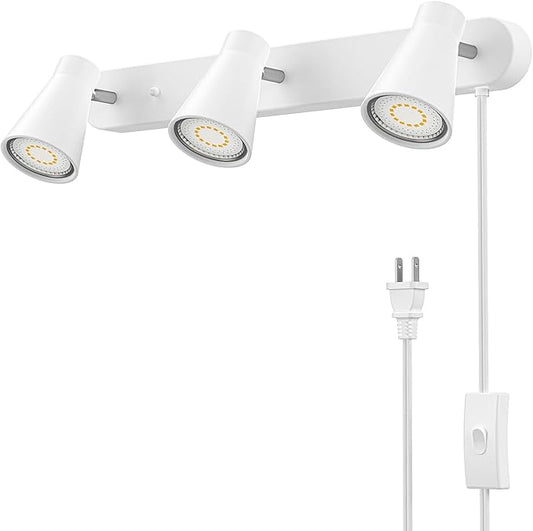 HURYEE Plug in Track Lighting, 3 Light Track Lighting Fixture, White Modern Ceiling Spotlight, Flexibly Rotatable Complete Light Kits for Kitchen Cabinet Living Room（Bulbs Not Included） (White)