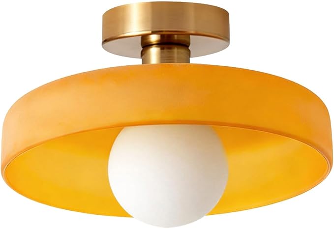 Brass Gold Semi Flush Mount Ceiling Light Fixture Vintage Glass Pendant Light Orange Dome Shade Bedroom Mid Century Modern Close to Ceiling Lights Hallway Overhead Lights Fixtures