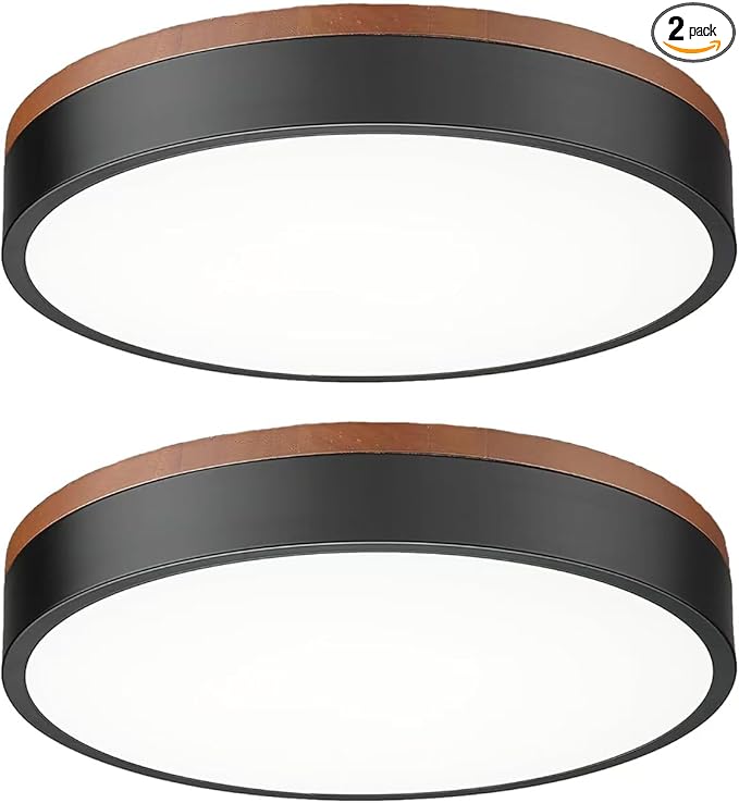 Ken & Ricky12inch Wood Flush Mount Ceiling Light,Black Light Fixtures Ceiling Mount,Led Dimmable 3000K/6500K for Bedroom,Kitchen,Hallway,Entyrway,Laundry Room,24W 5CCT 2PK