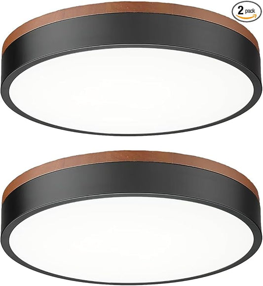 Ken & Ricky12inch Wood Flush Mount Ceiling Light,Black Light Fixtures Ceiling Mount,Led Dimmable 3000K/6500K for Bedroom,Kitchen,Hallway,Entyrway,Laundry Room,24W 5CCT 2PK