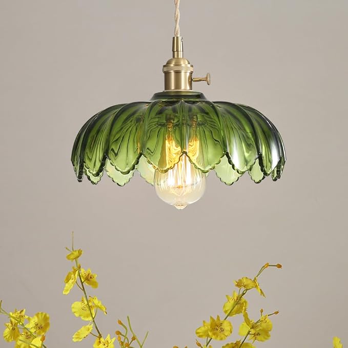 Plug in Pendant Light with Green Glass Lamp Shade Brass Vintage Hanging Light Fixture Adjustable Chandelier for Kitchen Island Dining Room Bedroom Living Room Hallway (Green)