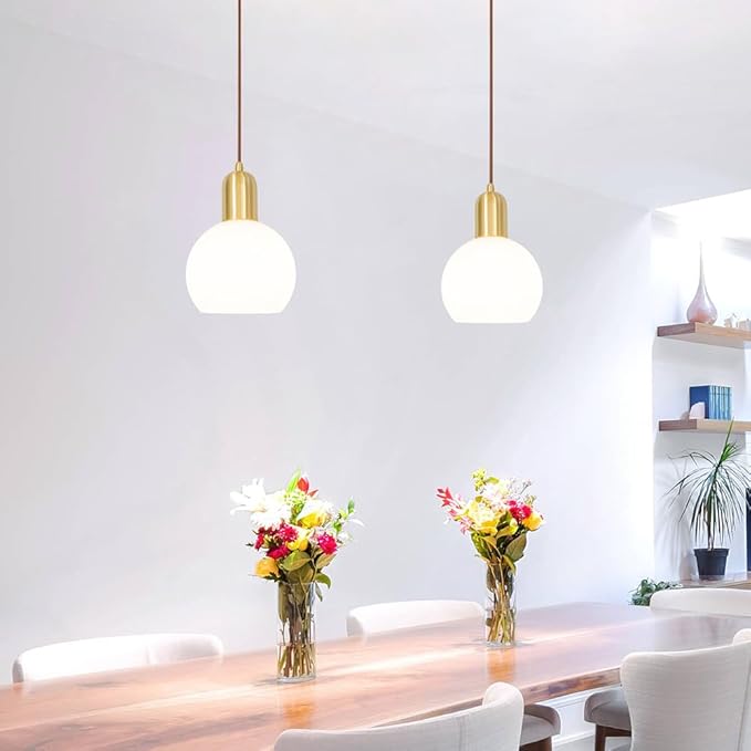 Gold Pendant Light Set Of 2, Modern Pendant Lights Kitchen Island With White Striped Glass, Mid Bathroom Pendant Light Adjustable Hanging Light For Dining Room Hallway, 7.8in Shade 11.8-59in Cord