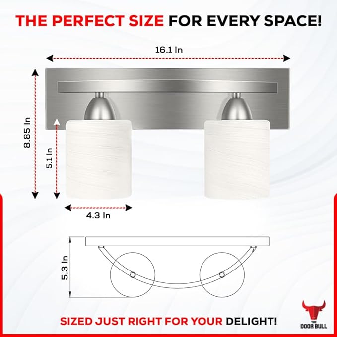 The Door Bull Modern 2-Light Bathroom Vanity Light – Brushed Nickel Fixture with Frosted Glass Shades, E26 Socket – Wall Sconce for Mirror, Bathroom, Kitchen, Hallway, Entryway
