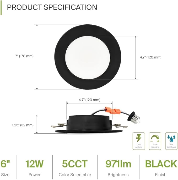 ASD 12 Pack Black Retrofit LED Recessed Lighting 6 Inch - 12W 2700K-5000K 971LM Flat Can Lights for Ceiling 6 Inch, Dimmable Black Recessed Lights, Wet Rated Wafer Lights, ETL