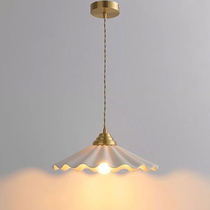 Ceramic Pendant Light, Vintage Pendant Light Fixture with Pleated Ceramic Lmapshade, White Porcelain Pendant Light, Hanging Light for Hallway Kitchen Island Dining Room, 11.8in