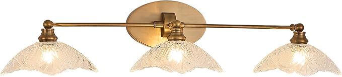 Vintage Bathroom Vanity Light Fixture, 3 Light Bathroom Vanity Light Length 33.85 inches Antique Brass with Crystal Glass Shade Antique Brass Vanity (E12 Bulb, Bulb not Included)