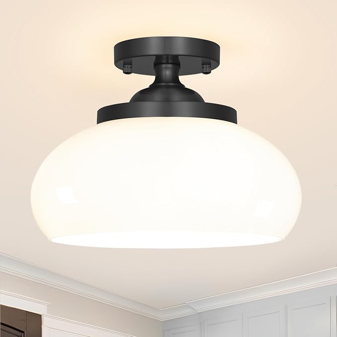 Black Semi Flush Mount Ceiling Light - Entryway Light Fixture with Triple E12 Sockets - 12" Diameter Milk White Glass Shade for Soft, Uniform Lighting - Easy Mount Installation for Any Room