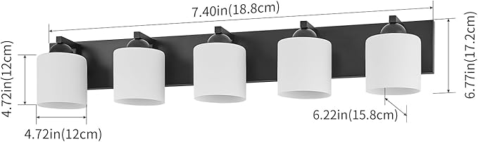 mirrea 38-Inch 5-Light Black Vanity Lights for Bathroom, Vanity Lighting Fixtures with Etched White Glass Shades