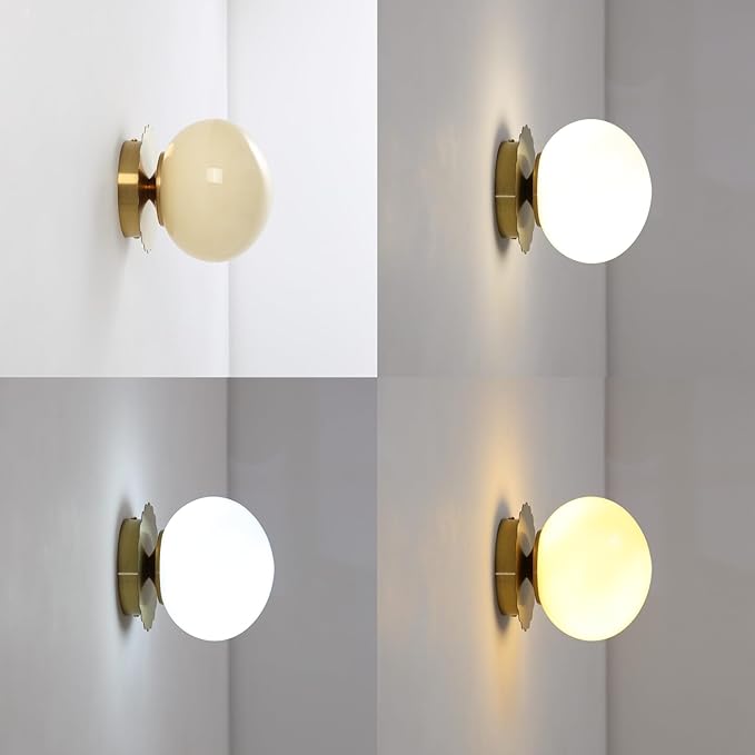 Modern Globe Glass Wall Sconces- Minimalist Home Shop Decor Wall Light 7" Glass Shade Hardwired- 1 Light Mid Century Wall Lamps Indoor Bedroom Bathroom Hallway Vanity Sconce Light (Gold-Beige)