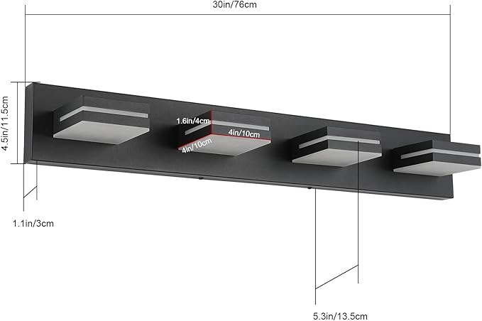 SineRise LED Modern Bathroom Vanity Light Fixtures (4-Light, 30-Inch, Dimmable), Matte Black Modern Acrylic Bathroom Wall Lighting Fixtures Over Mirror (Cool White 6000K)