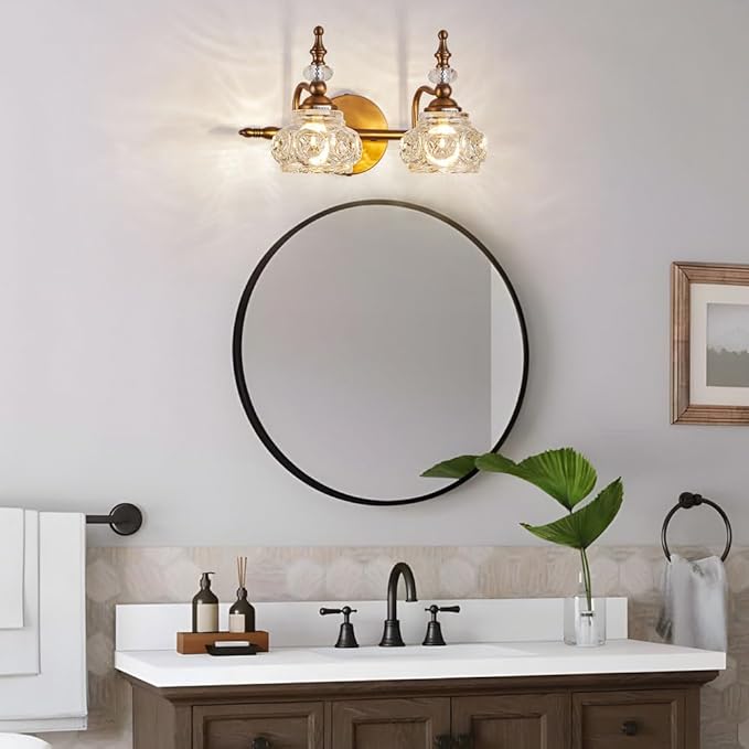 Bathroom Vanity Light Fixtures, 2-Light Vintage Crystal Bathroom Lighting, Matte Brushed Antique Brass Finish, Vintage Wall Sconce Light with Crystal Glass Shade
