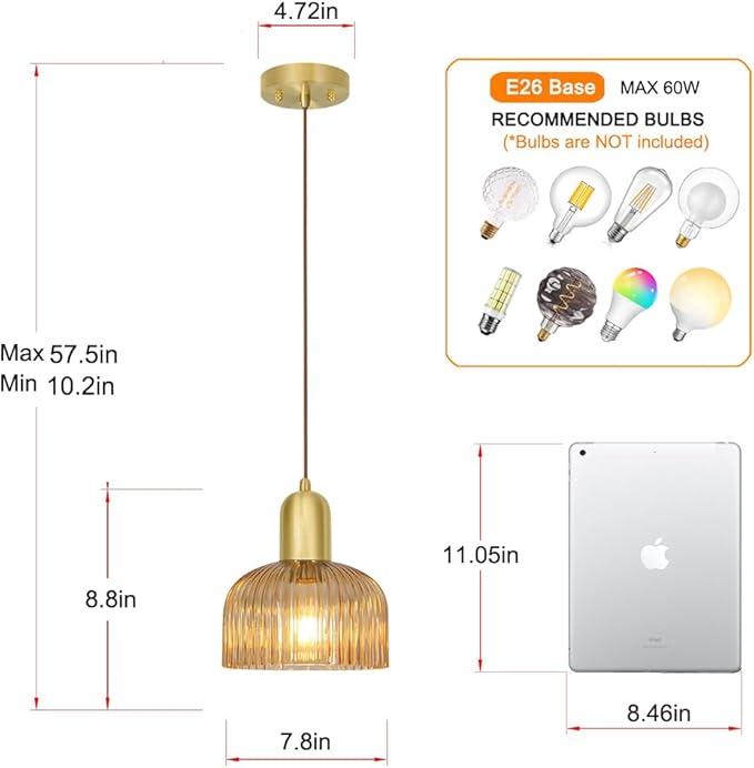 Vintage Pendant Light, Gold Pendant Lights Kitchen Island, Brass Ribbed Pendant Light with Amber Glass Shade, Mid Century Ceiling Lamp, Adjustable Hanging Light for Kitchen Island Dining Room Hallway
