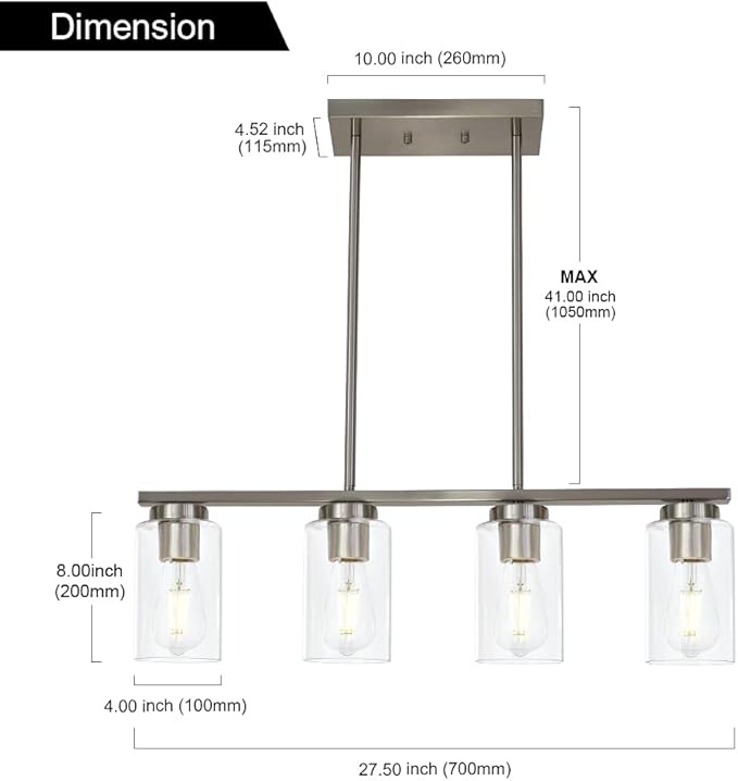 TODOLUZ Modern Kitchen Island Light with Clear Glass Shades, 4-Lights Hanging Lighting Fixtures in Brushed Nickel for Dining Room