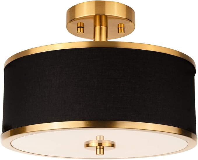 3-Light Semi Flush Mount Ceiling Light Fixture, 12.6" Gold Drum Light with Black Fabric Shade, Modern Close to Ceiling Light for Living Room Bedroom Dining Room Kitchen Hallway Entry Foyer