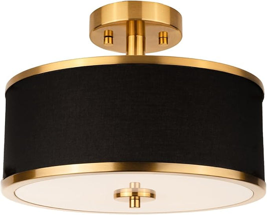 3-Light Semi Flush Mount Ceiling Light Fixture, 12.6" Gold Drum Light with Black Fabric Shade, Modern Close to Ceiling Light for Living Room Bedroom Dining Room Kitchen Hallway Entry Foyer