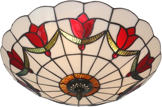 16 Inch Tiffany Style Stained Glass Ceiling Light Flush Mount Ceiling Light Vintage Chandeliers Pendent Light Fixtures (16 Inch Red)