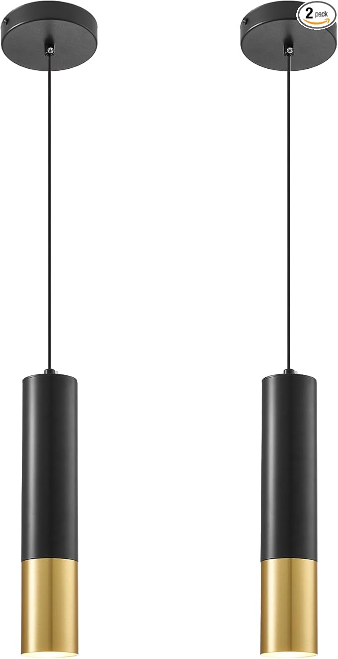 Modern Pendant Light Fixtures for Kitchen Island,2 Pack Black and Gold Pendant Light with LED Bulb,Minimalist Ceiling Hanging Light for Dining Room Bedroom Cafe Bar 5W 4000k