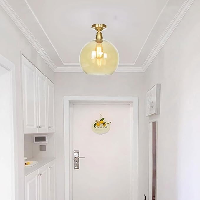 Modern Brass Semi-Flush Mount Ceiling Light, 1-Light Glass Shade Ceiling Lighting, Minimalist Home Kitchen Close to Ceiling Lamp，Nordic Bedroom Entryway Ceiling Light Fixture(Cognac,25CM)