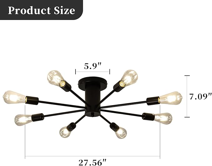 8-Lights Semi Flush Mount Ceiling Light, Matte Black Close to Ceiling Lighting with E26 Base, Modern Sputnik Light Fixtures for Living Room Bedroom Kitchen Dining Room