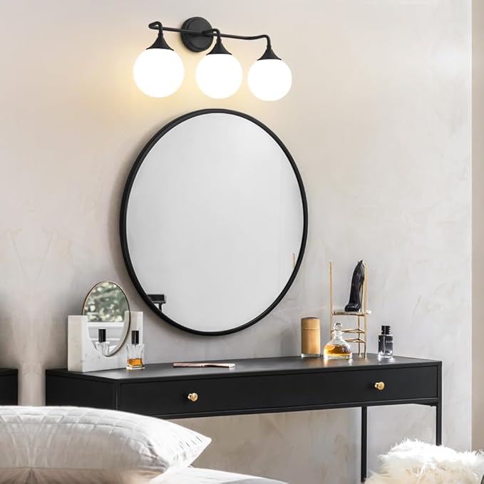 Black Bathroom Light Fixtures, Modern Vanity Lighting Over Mirror, Mid Century Modern Matte Black Wall Sconce 3-Light with Milky White Glass Ball Shades