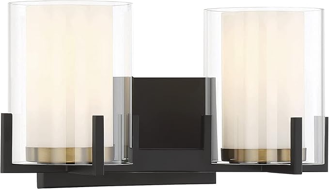 Savoy House 8-1977-2-143 Eaton Traditional Clear/White Opal Chimney Glass Bathroom Vanity, 2-Light 120 Total Watts, 8" H x 15" W, Matte Black & Warm Brass Accents