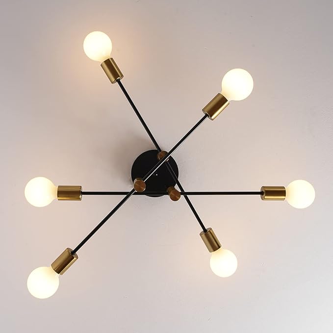 Garwarm Ceiling Light Fixture, 6-Lights Black and Gold Mid Century Semi Flush Mount Ceiling Light,Modern Sputnik Chandelier for Kitchen Dining Room Bedroom Entryway Hallway