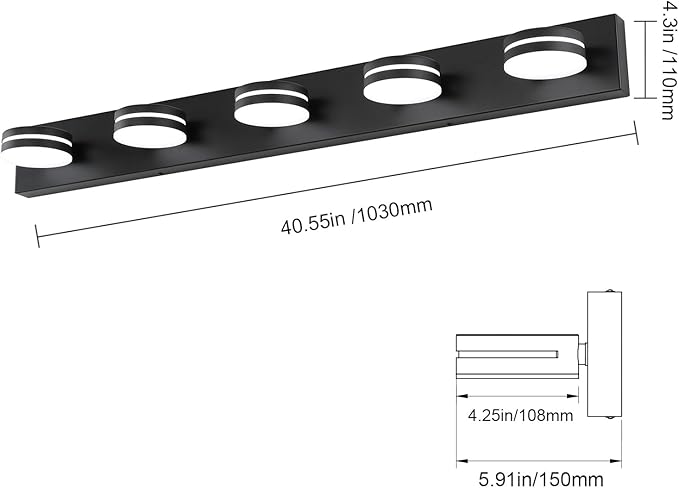 5 Light Bathroom Vanity Light, 30W LED Black Bathroom Light Fixtures Over Mirror, Dimmable Bath Lights, Wall Sconce Light with Milky White Acrylic Shades, Rotatable Lights Head
