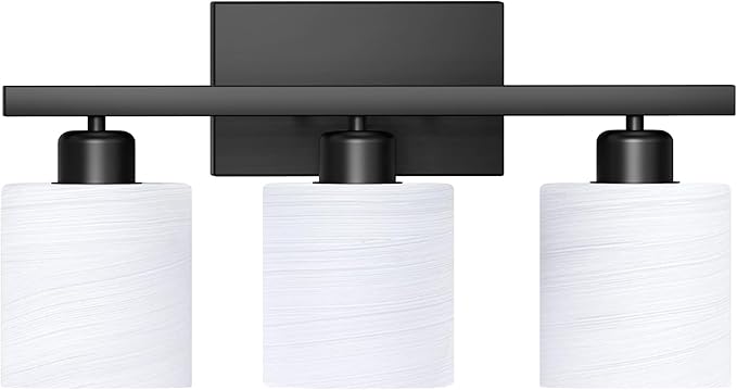 PARTPHONER Bathroom Light Fixtures, Bathroom Lighting Fixtures Over Mirror, Interior Classic Vanity Lights, Modern Vanity Light with Textured White Glass Shade, Matte Black, 3-Light