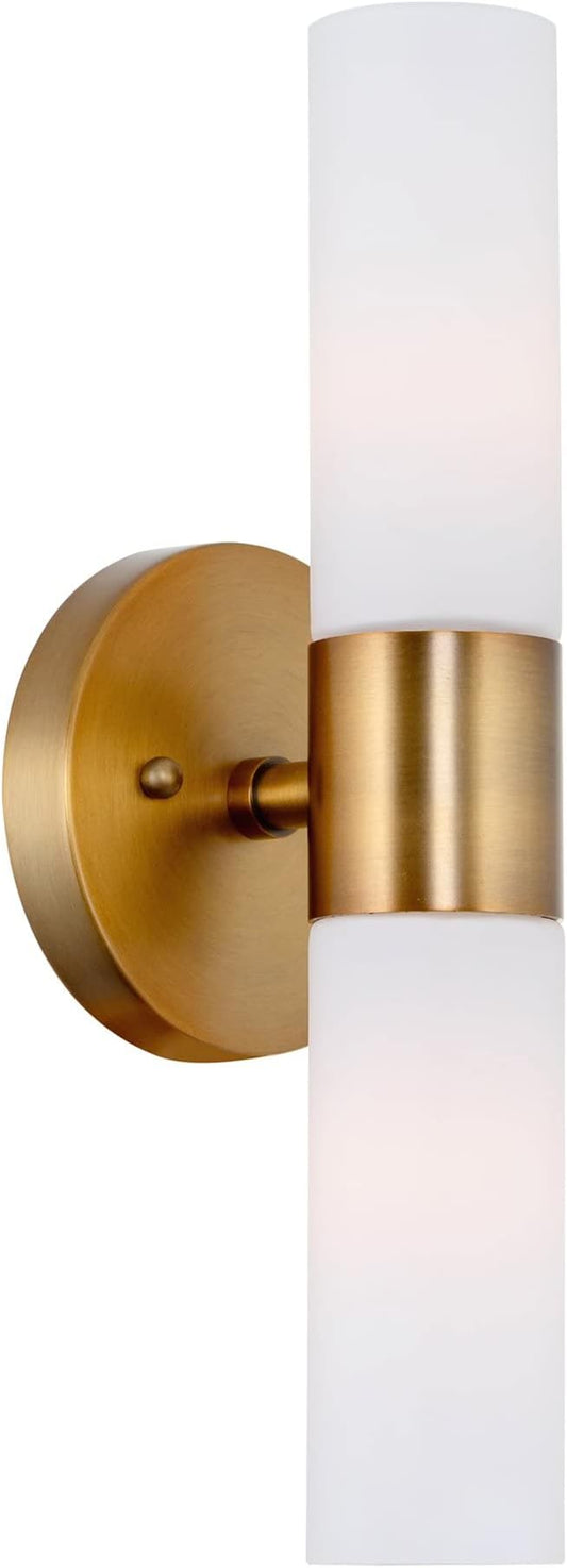 Kira Home Duo 14" Modern Wall Sconce with Frosted Glass Cylinder Shades, Linear 2-Light Wall Light, Warm Brass Finish