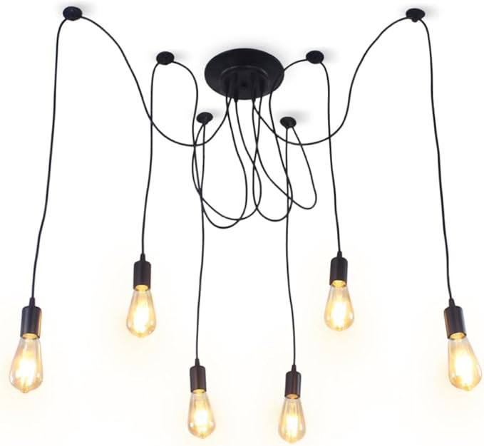 Finktonglan 6-Light Spider Pendant Chandelier, Adjustable 48.4" Cords, E26 Sockets, Black Industrial Multi-Light Ceiling Fixture for Kitchen Island, Dining Room