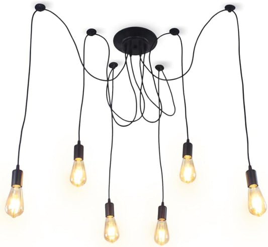 Finktonglan 6-Light Spider Pendant Chandelier, Adjustable 48.4" Cords, E26 Sockets, Black Industrial Multi-Light Ceiling Fixture for Kitchen Island, Dining Room