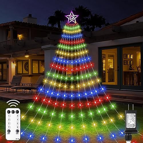Christmas Decorations Star Lights Outdoor, 26.5ft 11 Strand 906 LED Waterfall Tree Lights with 8 Modes Timer Remote Plug in Christmas Lights for Indoor Yard Patio Home Holiday Party Decor, Multicolor