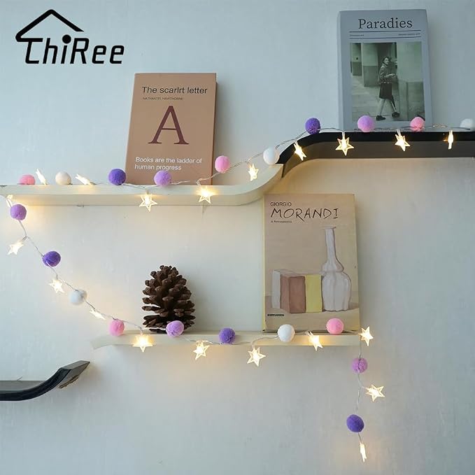 ChiRee Indoor String Lights 6.56 Feet Pom Poms Star Lights 20 LED Battery Operated String Fairy Lights Warm White Star Lights Colorful Decor Lights for Home Bedroom Kids Playhouse Holiday Christmas