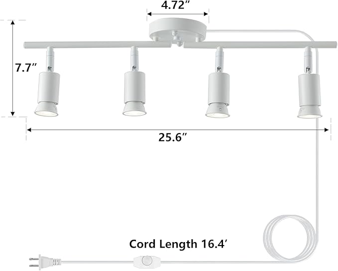 4 Light White Plug in Track Light White Plug in Ceiling Lighting Fixture with 16.4' Long Cord,4 Way Ceiling Spotlight,Rotatable Wall Mount Light Head