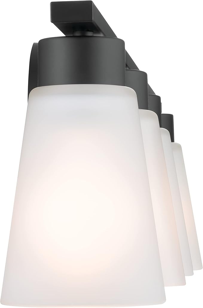 Kichler Stamos 4-Light Bathroom Vanity Light Fixture with Satin Etched Glass Shades, 26 in Modern Wall Light in Black for over Mirror (26 in x 8 in x 5 in), 52608BK