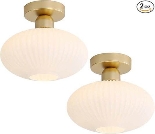 KCO Lighting Antique Brass Flush Mount Ceiling Light Vintage Milk Glass Semi Flush Mount Ceiling Light Small Gold Schoolhouse Light Fixture (2 Pack)