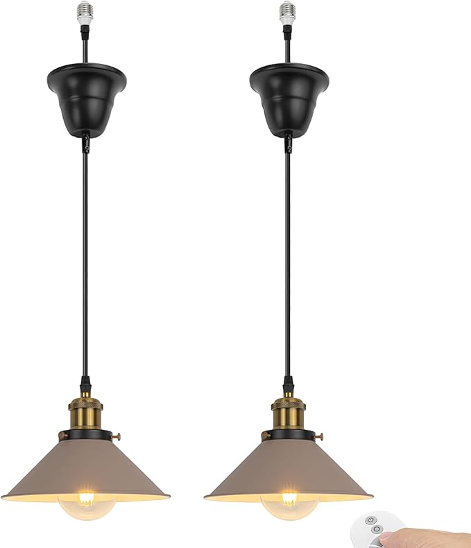 2 Pcs Ceiling Light Conversion Dimmable Pendant E26 Base Connections Metal Khaki Cone Shade Industrial Style Adjusted 3.2ft Wire Conversion Kit for E26 Spot Light