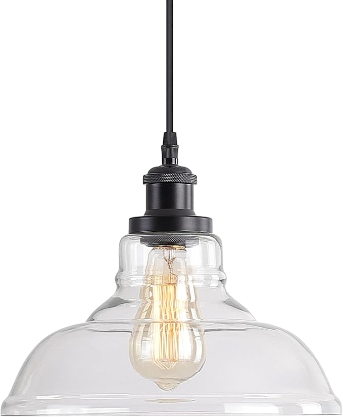 GLADFRESIT Industrial Pendant Lights, Vintage Hanging Light Over Table, Clear Dome Glass Lampshade, Black Lamp Head and Base, Adjustable Hanging Height Lighting Fixtures