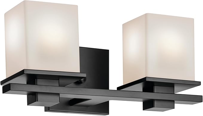 Kichler Tully 15" 2-Light Bathroom Vanity Light Fixture with Satin Etched Cased Opal Glass in Black for Over Mirror, Soft Modern Style Lighting (15" x 6.5" x 7"), 45150BK