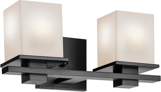 Kichler Tully 15" 2-Light Bathroom Vanity Light Fixture with Satin Etched Cased Opal Glass in Black for Over Mirror, Soft Modern Style Lighting (15" x 6.5" x 7"), 45150BK