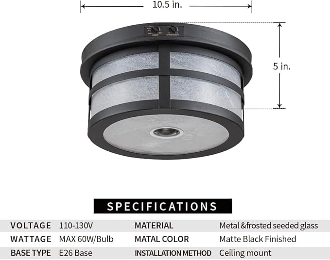 Motion Sensor Outdoor Ceiling Light, Flush Mount Front Porch Light with Adjustable Sensor 2-Light Black Outdoor Light Fixture Ceiling Mount with Frosted Glass for Garage, Patio